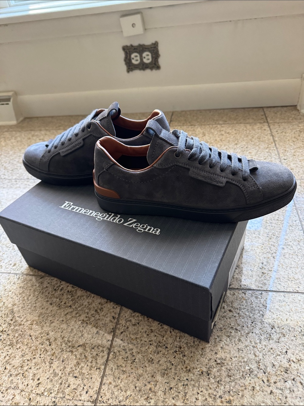 Ermenegildo Zegna Gray Suede Low-Top Sneakers with Brown Trim